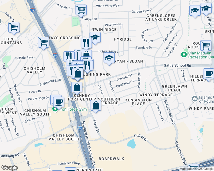 map of restaurants, bars, coffee shops, grocery stores, and more near 1807 Magnolia Drive in Round Rock