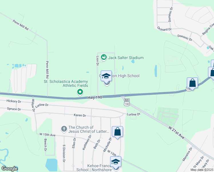map of restaurants, bars, coffee shops, grocery stores, and more near 73030 Lions Drive in Covington