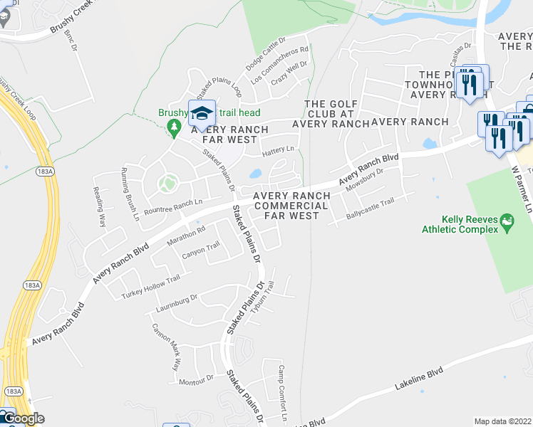 map of restaurants, bars, coffee shops, grocery stores, and more near 14001 Avery Ranch Boulevard in Austin