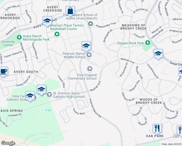 map of restaurants, bars, coffee shops, grocery stores, and more near 8801 Pearson Ranch Road in Austin