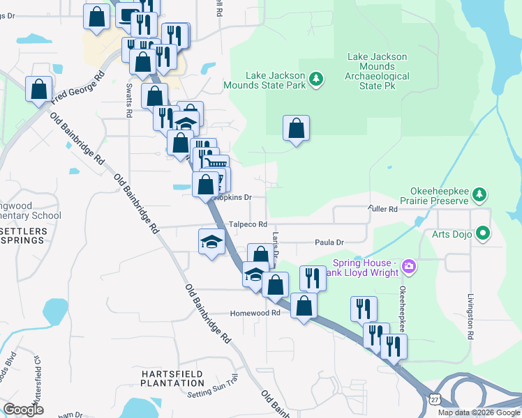 map of restaurants, bars, coffee shops, grocery stores, and more near 3521 Cangrove Road in Tallahassee
