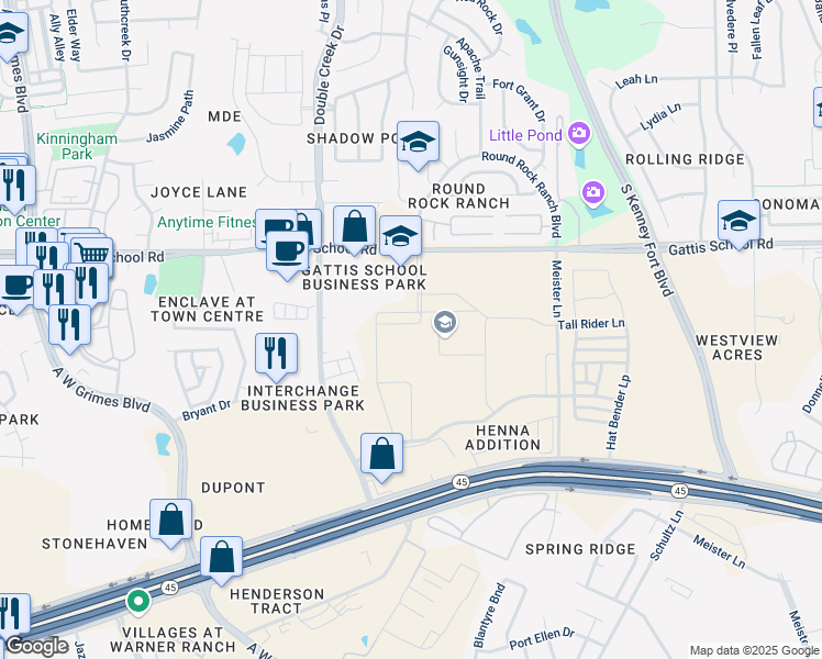 map of restaurants, bars, coffee shops, grocery stores, and more near 2801 Gattis School Road in Round Rock