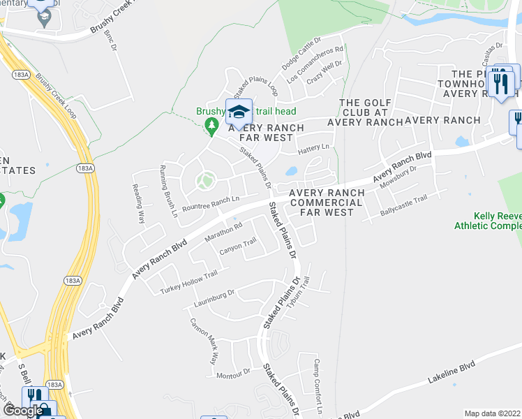 map of restaurants, bars, coffee shops, grocery stores, and more near 14316 Marathon Road in Austin