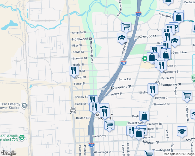 map of restaurants, bars, coffee shops, grocery stores, and more near 2554 Galvez Street in Baton Rouge
