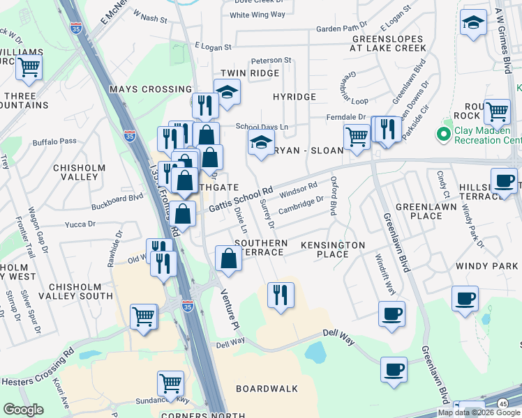 map of restaurants, bars, coffee shops, grocery stores, and more near 1807 Magnolia Drive in Round Rock