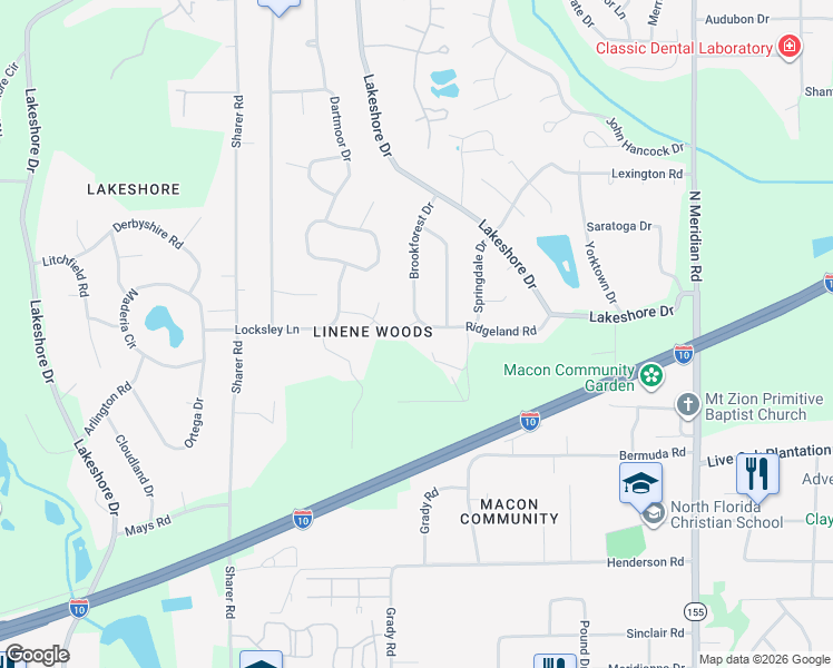 map of restaurants, bars, coffee shops, grocery stores, and more near 207 Ridgeland Road in Tallahassee