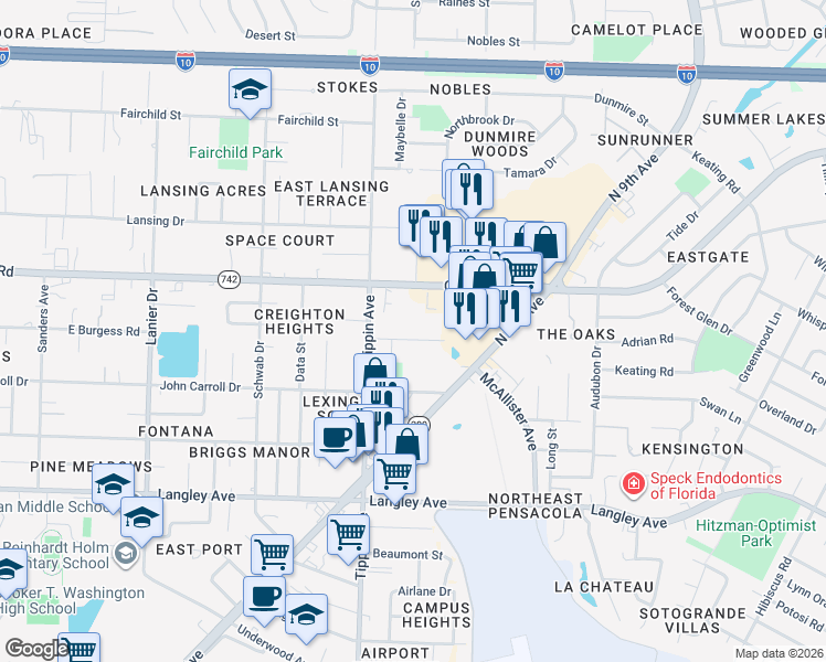 map of restaurants, bars, coffee shops, grocery stores, and more near 2510 East Burgess Road in Pensacola