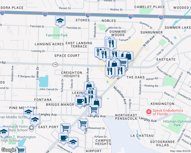 map of restaurants, bars, coffee shops, grocery stores, and more near 2510 East Burgess Road in Pensacola