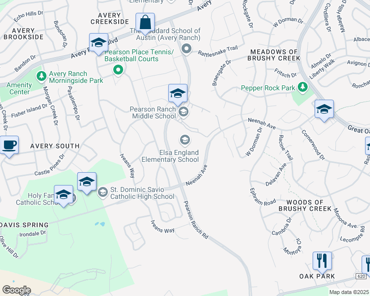map of restaurants, bars, coffee shops, grocery stores, and more near 8801 Pearson Ranch Road in Austin