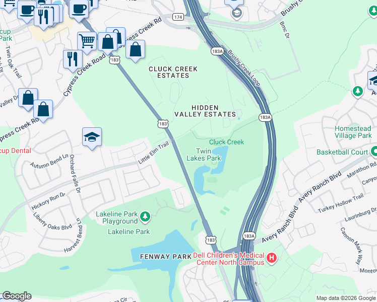 map of restaurants, bars, coffee shops, grocery stores, and more near 204 East Little Elm Trail in Cedar Park