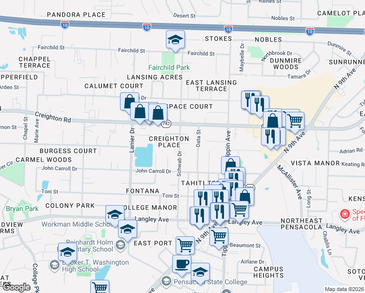 map of restaurants, bars, coffee shops, grocery stores, and more near 6631 Schwab Drive in Pensacola