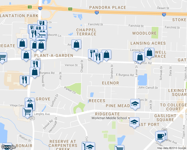 map of restaurants, bars, coffee shops, grocery stores, and more near 5931 Mona Lane in Pensacola