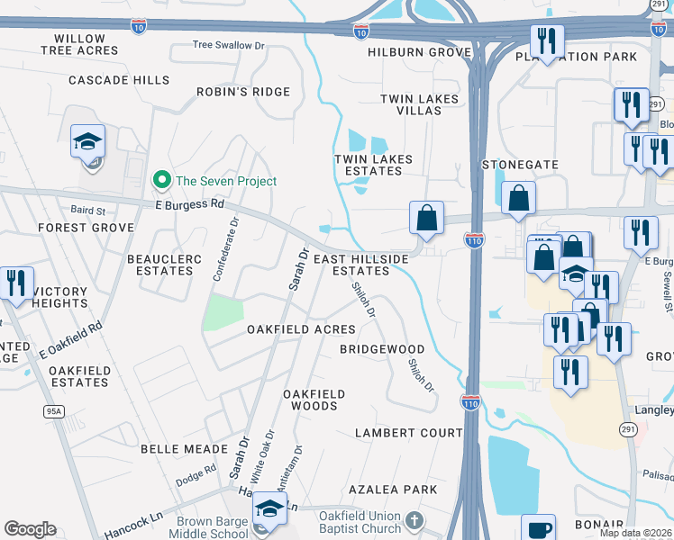 map of restaurants, bars, coffee shops, grocery stores, and more near 305 Shiloh Drive in Pensacola