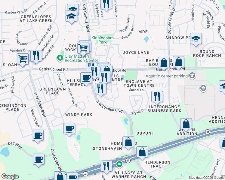 map of restaurants, bars, coffee shops, grocery stores, and more near 2101 Town Centre Drive in Round Rock