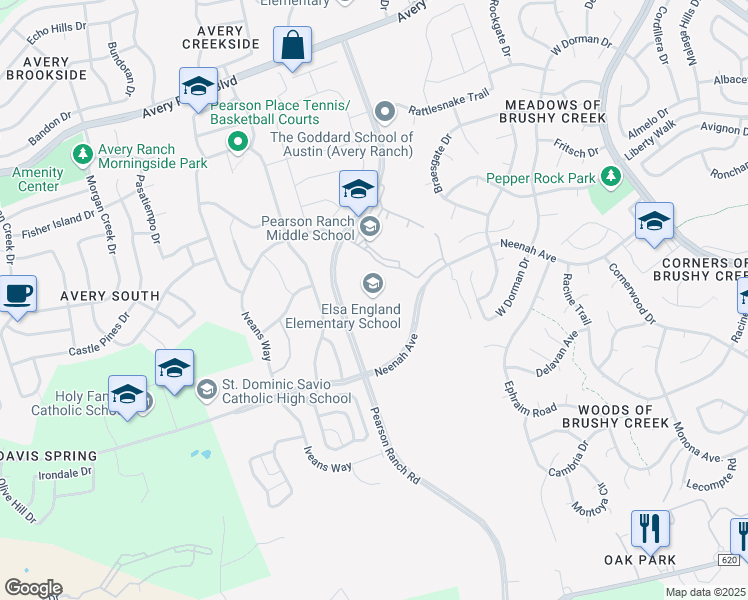 map of restaurants, bars, coffee shops, grocery stores, and more near 8801 Pearson Ranch Road in Austin