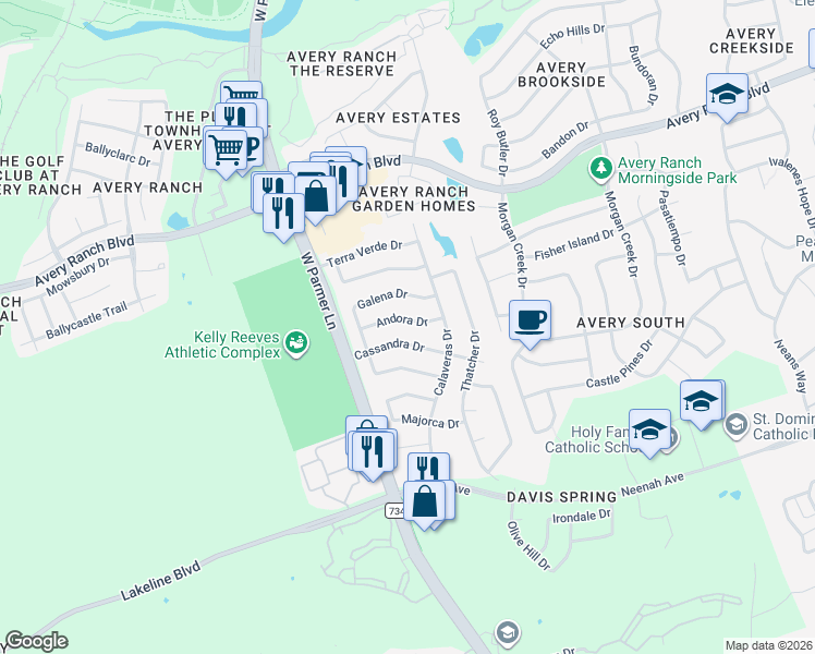 map of restaurants, bars, coffee shops, grocery stores, and more near 10200 Cassandra Drive in Austin