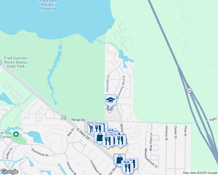 map of restaurants, bars, coffee shops, grocery stores, and more near 4526 Acadia Cove in Niceville
