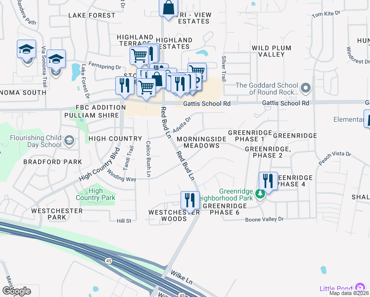 map of restaurants, bars, coffee shops, grocery stores, and more near 3604 Winding Way in Round Rock