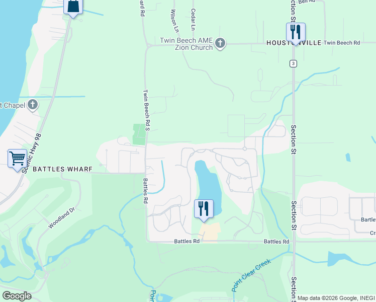 map of restaurants, bars, coffee shops, grocery stores, and more near 6445 Hawthorne Lane in Fairhope