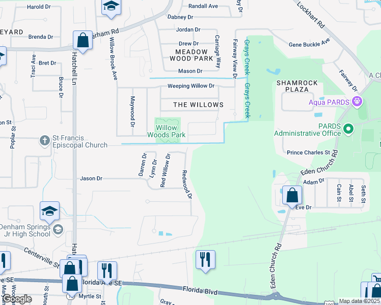 map of restaurants, bars, coffee shops, grocery stores, and more near 29276 Redwood Drive in Denham Springs
