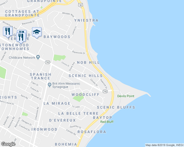 map of restaurants, bars, coffee shops, grocery stores, and more near 4745 Peacock Drive in Pensacola