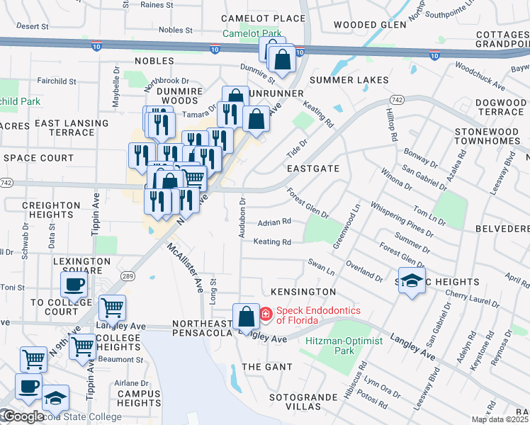 map of restaurants, bars, coffee shops, grocery stores, and more near 3271 Wellington Road in Pensacola