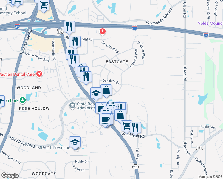 map of restaurants, bars, coffee shops, grocery stores, and more near 2119 Wembley Way in Tallahassee
