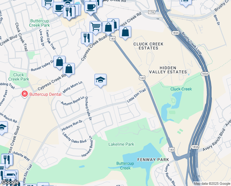 map of restaurants, bars, coffee shops, grocery stores, and more near 1401 Little Elm Trail in Cedar Park