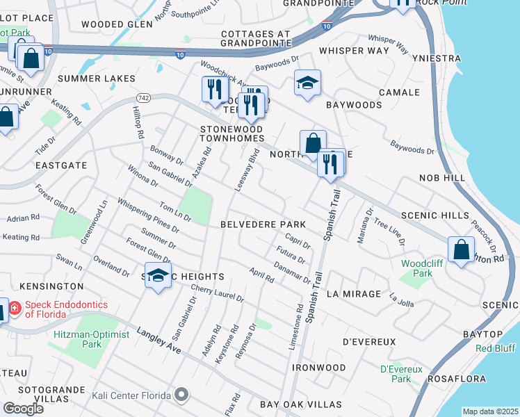 map of restaurants, bars, coffee shops, grocery stores, and more near 4171 Bonway Drive in Pensacola