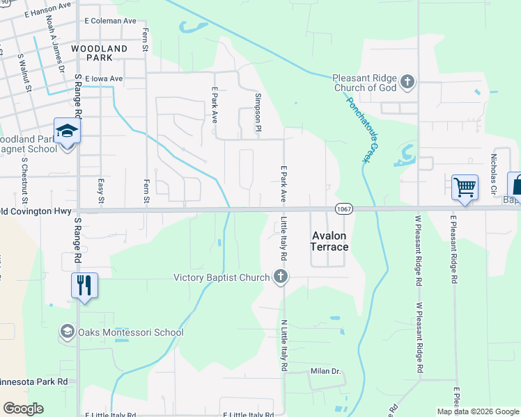 map of restaurants, bars, coffee shops, grocery stores, and more near 17347 Old Covington Highway in Hammond
