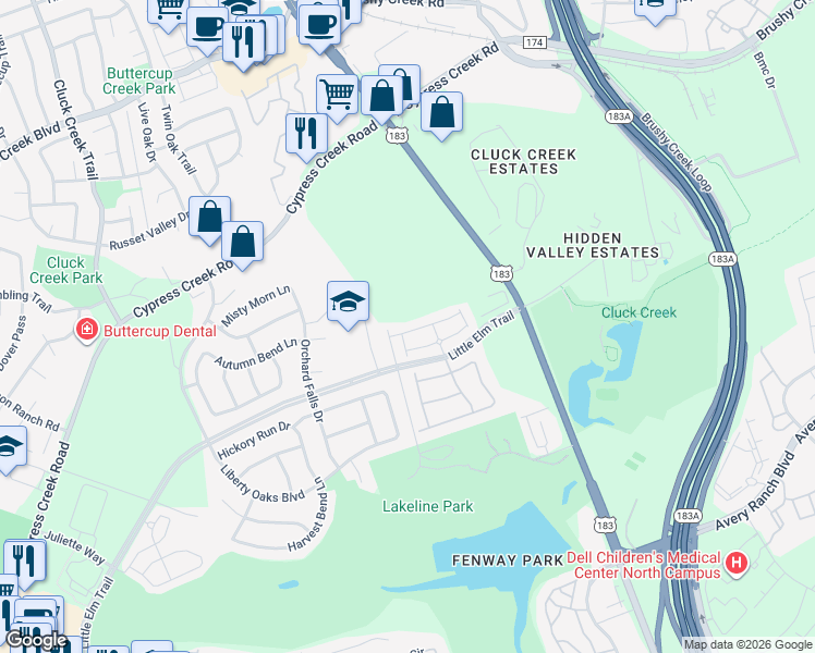 map of restaurants, bars, coffee shops, grocery stores, and more near 1401 Little Elm Trail in Cedar Park