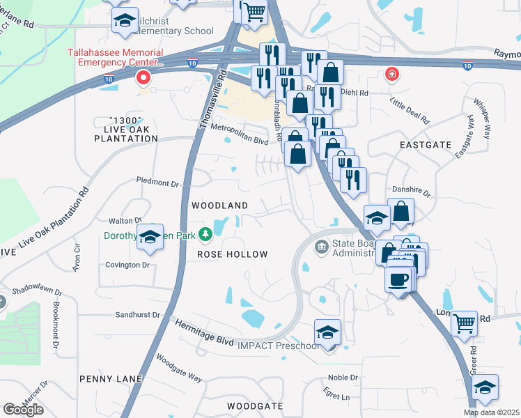 map of restaurants, bars, coffee shops, grocery stores, and more near 3150 Windsong Drive in Tallahassee