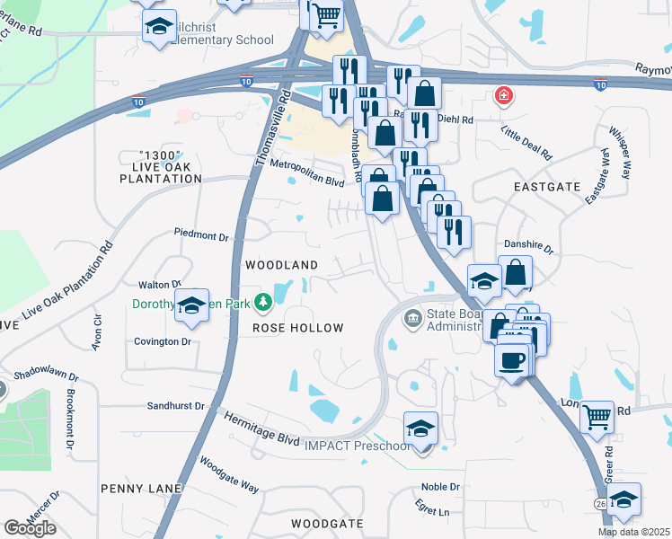 map of restaurants, bars, coffee shops, grocery stores, and more near 3150 Windsong Drive in Tallahassee