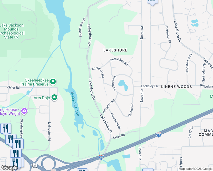 map of restaurants, bars, coffee shops, grocery stores, and more near 744 Litchfield Road in Tallahassee
