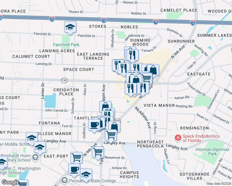map of restaurants, bars, coffee shops, grocery stores, and more near 2510 East Burgess Road in Pensacola