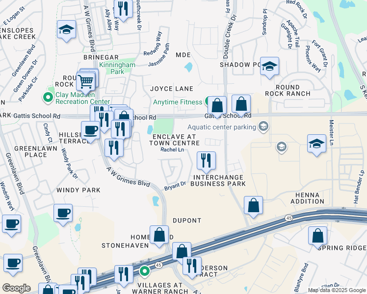 map of restaurants, bars, coffee shops, grocery stores, and more near 2109 Rachel Lane in Round Rock