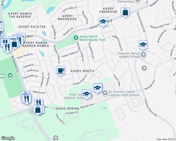map of restaurants, bars, coffee shops, grocery stores, and more near 9433 Castle Pines Drive in Austin