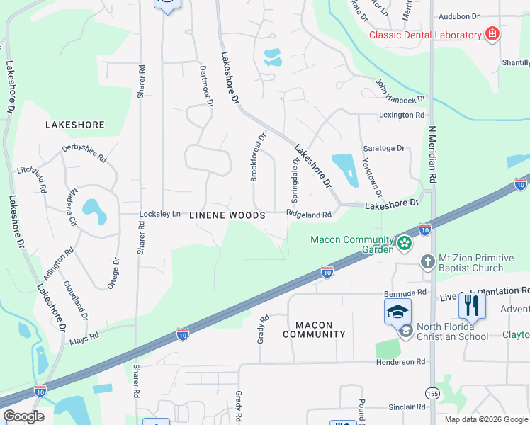 map of restaurants, bars, coffee shops, grocery stores, and more near 207 Ridgeland Road in Tallahassee