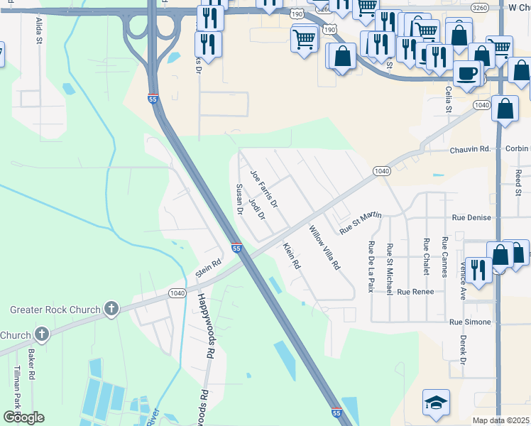 map of restaurants, bars, coffee shops, grocery stores, and more near 609 Jodi Drive in Hammond