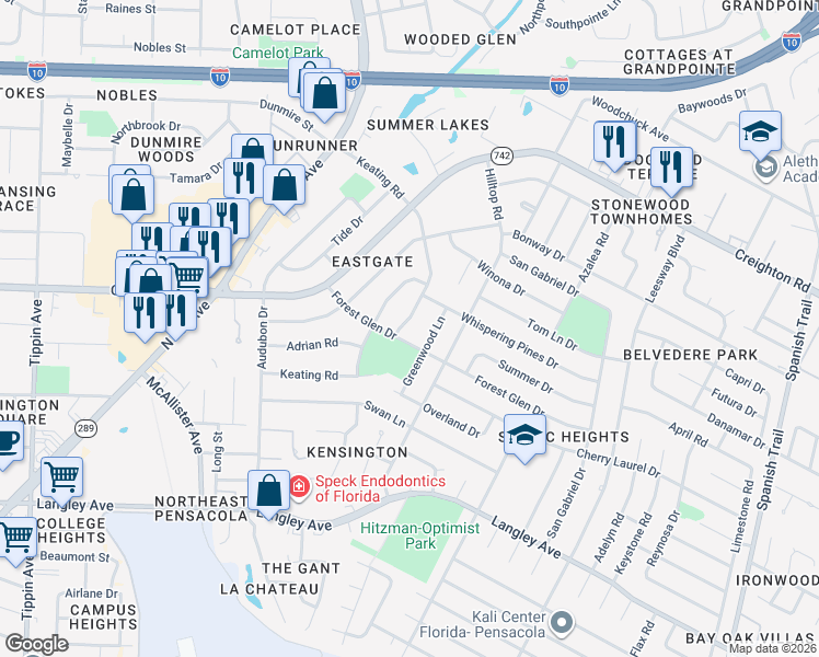 map of restaurants, bars, coffee shops, grocery stores, and more near 6010 Keating Road in Pensacola