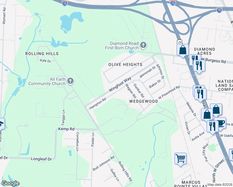 map of restaurants, bars, coffee shops, grocery stores, and more near 6609 Hampton Road in Pensacola
