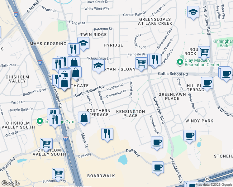 map of restaurants, bars, coffee shops, grocery stores, and more near 696 Cambridge Drive in Round Rock