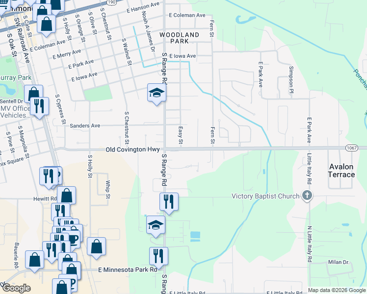 map of restaurants, bars, coffee shops, grocery stores, and more near 4490 Easy Street in Hammond