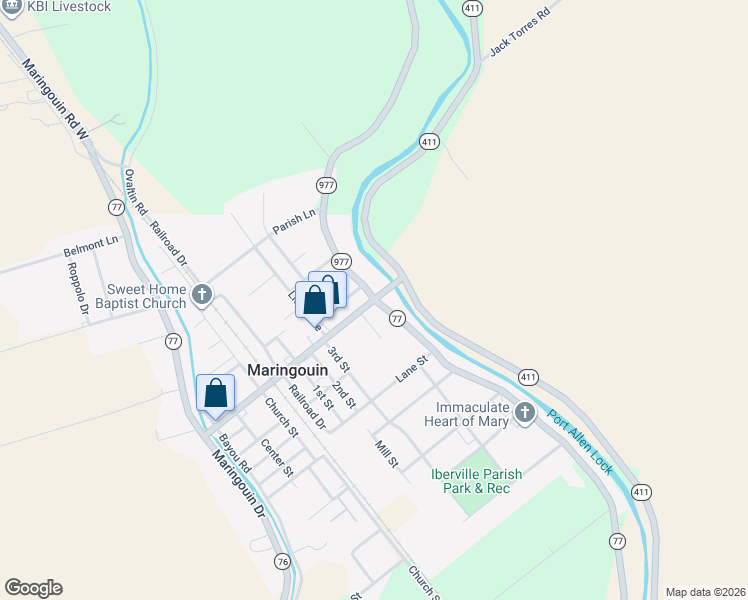 map of restaurants, bars, coffee shops, grocery stores, and more near Landry Street in Maringouin