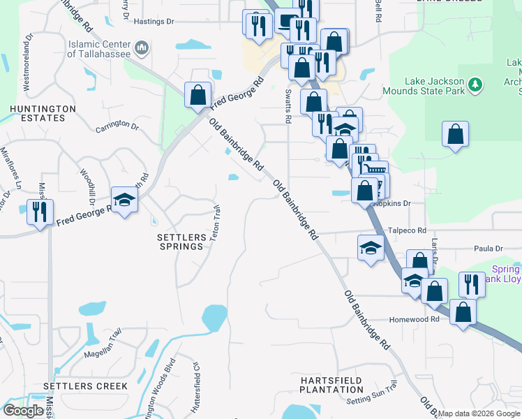 map of restaurants, bars, coffee shops, grocery stores, and more near 3905 Bellac Road in Tallahassee