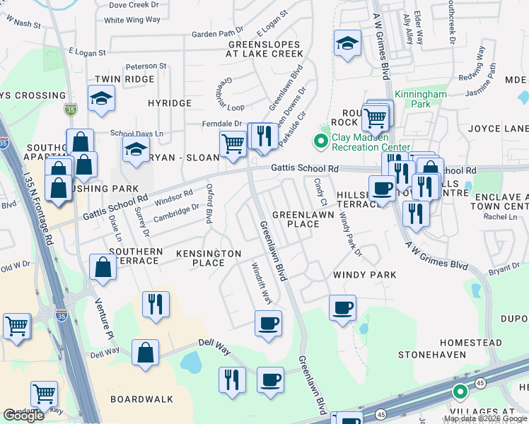 map of restaurants, bars, coffee shops, grocery stores, and more near 2010 Windsong Trail in Round Rock