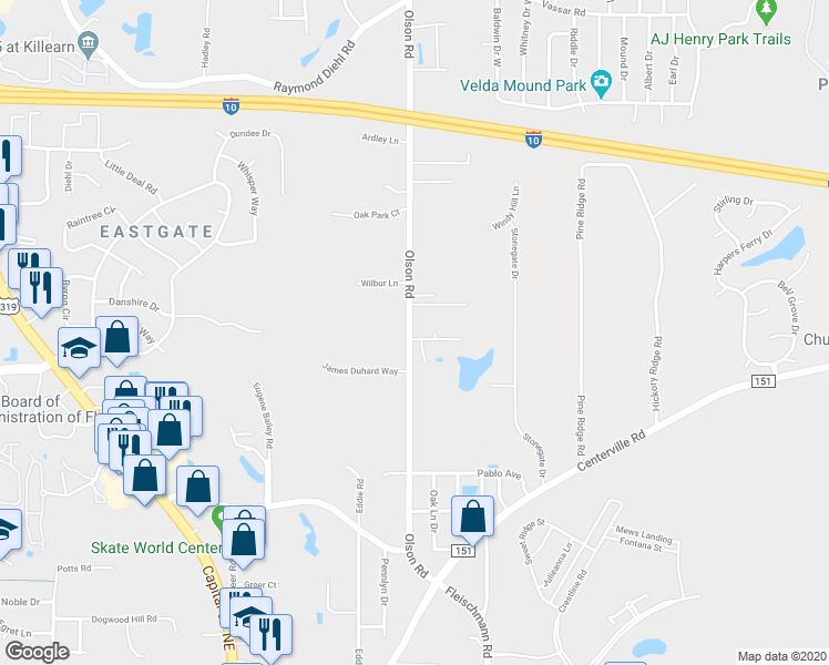 map of restaurants, bars, coffee shops, grocery stores, and more near 2902 Viking Way in Tallahassee