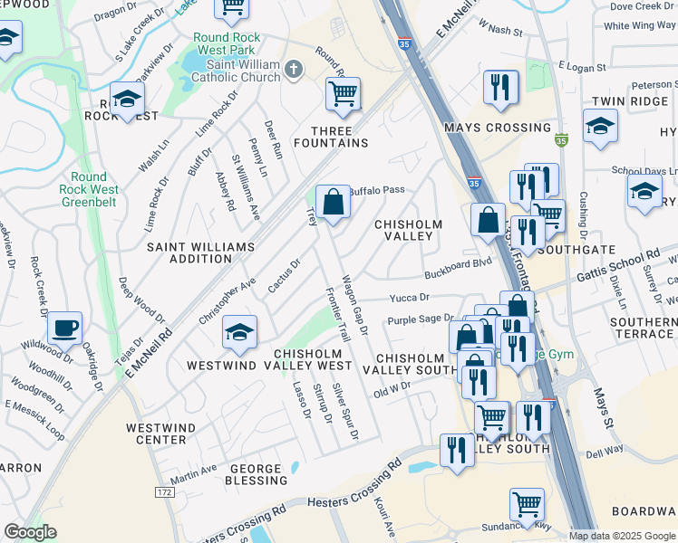 map of restaurants, bars, coffee shops, grocery stores, and more near 623 Chisholm Valley Drive in Round Rock