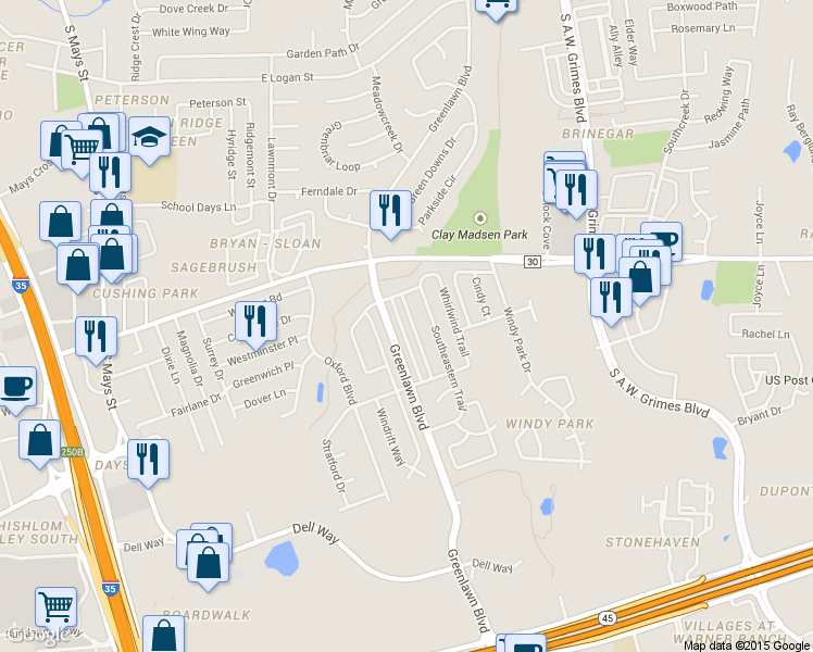 map of restaurants, bars, coffee shops, grocery stores, and more near 1716 Southwestern Trail in Round Rock