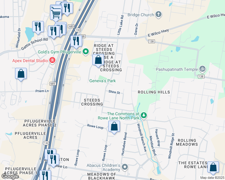 map of restaurants, bars, coffee shops, grocery stores, and more near 1712 Shire Street in Pflugerville